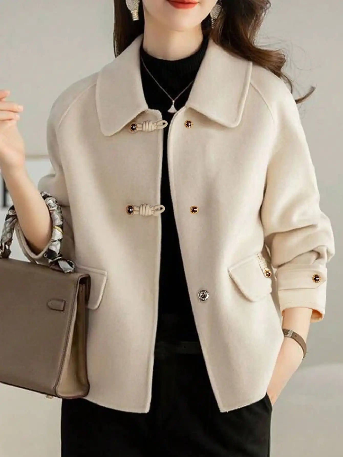 WoMen's Short Wool Blend Duffle Coat With Toggle Buttons, Elegant Casual Winter Jacket, French Style