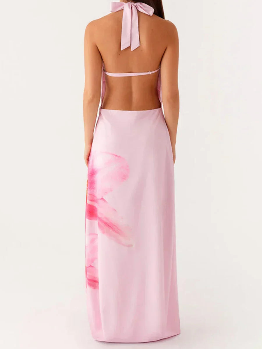 Floral Print Sleeveless Halterneck Maxi Dress with Open Back for Summer Wedding Guest or BeaVacation