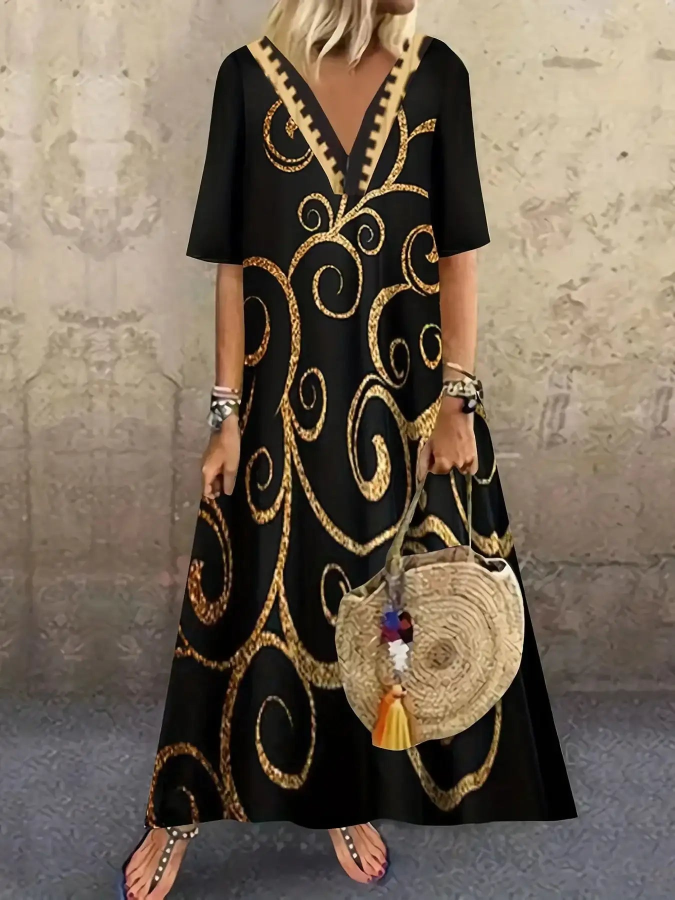 Plus Size Women Dress Floral Print Short-Sleeved V Neck Loose Long Skirt