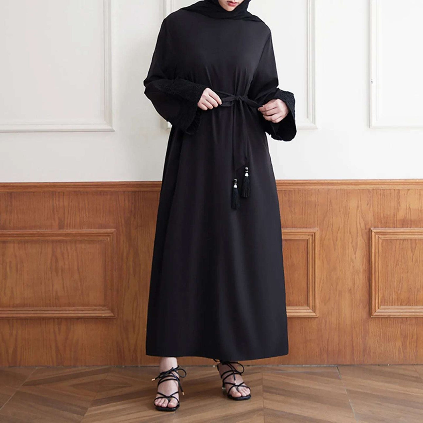 Muslim Women dresses Embroidered Embellished Cuffs robes Casual Long Sleeve Tassel Tie Waist Muslim long Dress