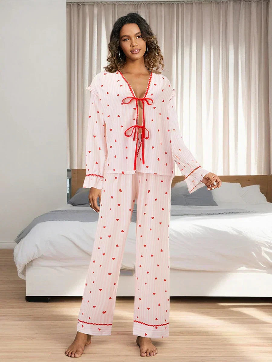 Valentine s Day WoMen's Pajama Set with Heart Print Long Sleeve V Neck Tie Front Tops and Pants Sleepwear Ensemble
