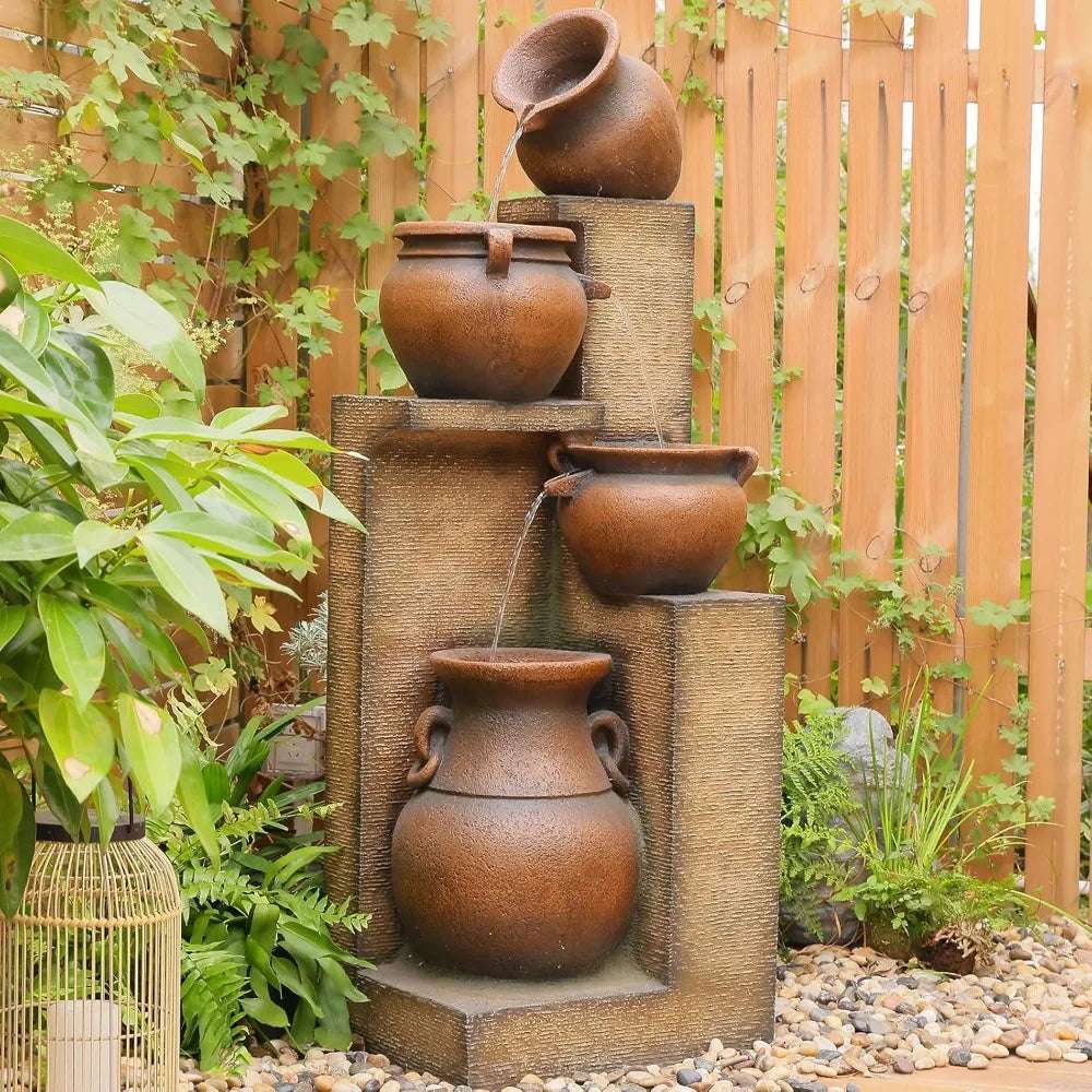 Outdoor Water Fountain With Lights - Tiered Cascading Bowls Waterfall Fountains For Garden, Patio, Backyard, Porch De