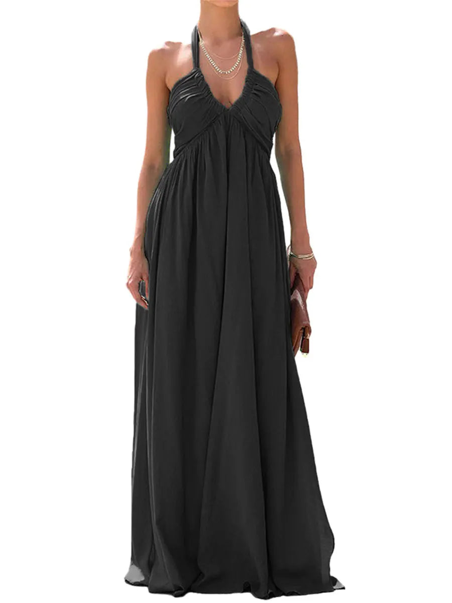 Womenummer Casual Long Dress Solid Color Tie-Up Halter Neck Sleeveless Dress Beach Holiday Backless Dress