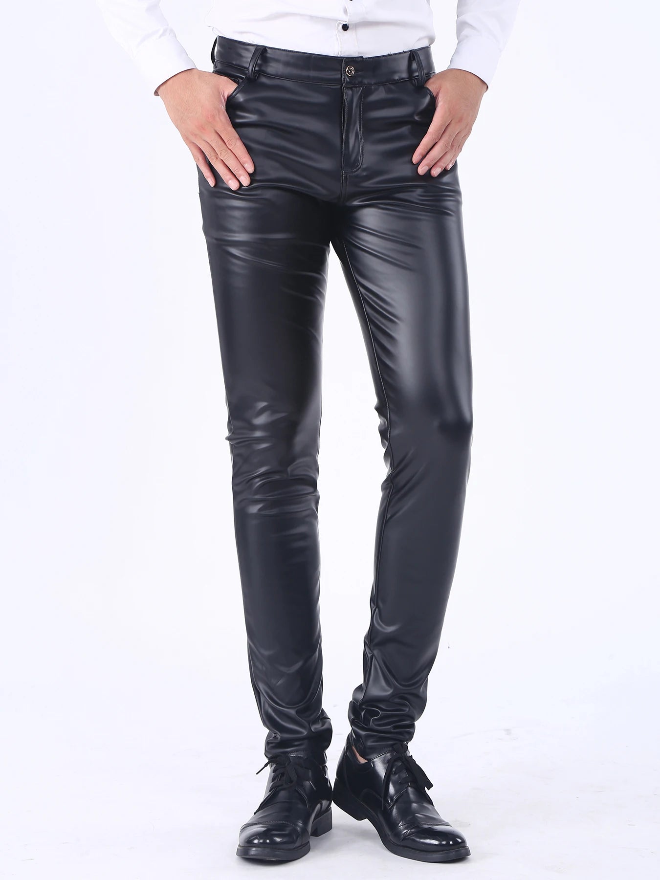 Men's`s Party Stage Performance Business Slim Fit Five Pockets Faux Leather Pants Jeans