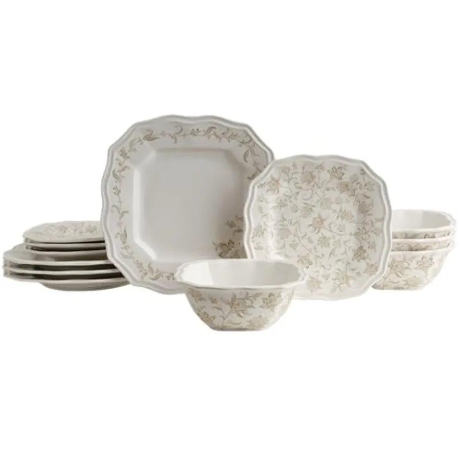 12-Piece Porcelain Dinnerware Set For 4 Glossy Cream Plates And Bowls With Taupe Flowers Elegant Square Ceramic Dish Set Microw