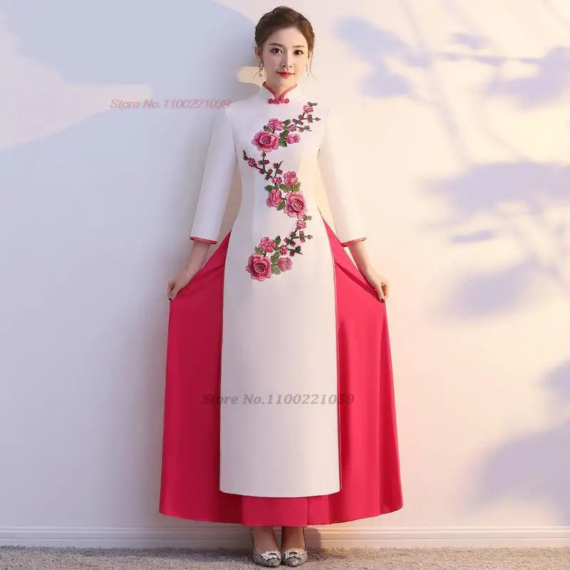 2025 ao dai cheongsam vietnam traditional aodai dress national flower embroidery qipao chinese traditional dress party dress