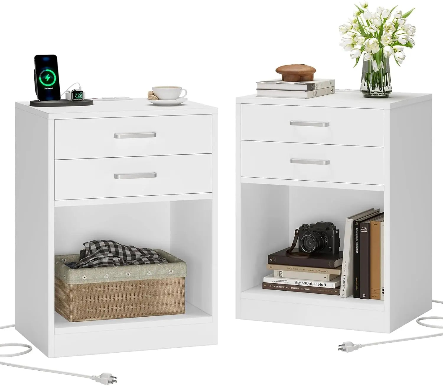Nightstands Set of 2,White Night Stand with Charging Station & Drawers, Night Stands for Bedrooms 2