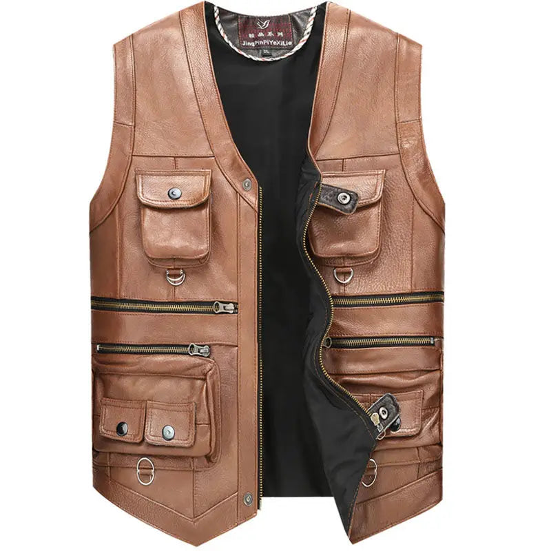 Cowhide Genuine Leather Vest Men Brown Waistcoat Male Sleeveless Jacket Thick H
