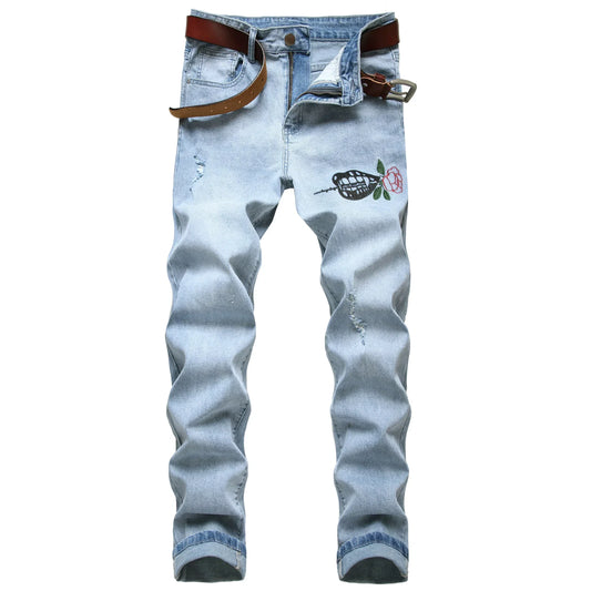 Men's Light Blue Jeans, Fashion Embroidered Flower Wash JeansLY025