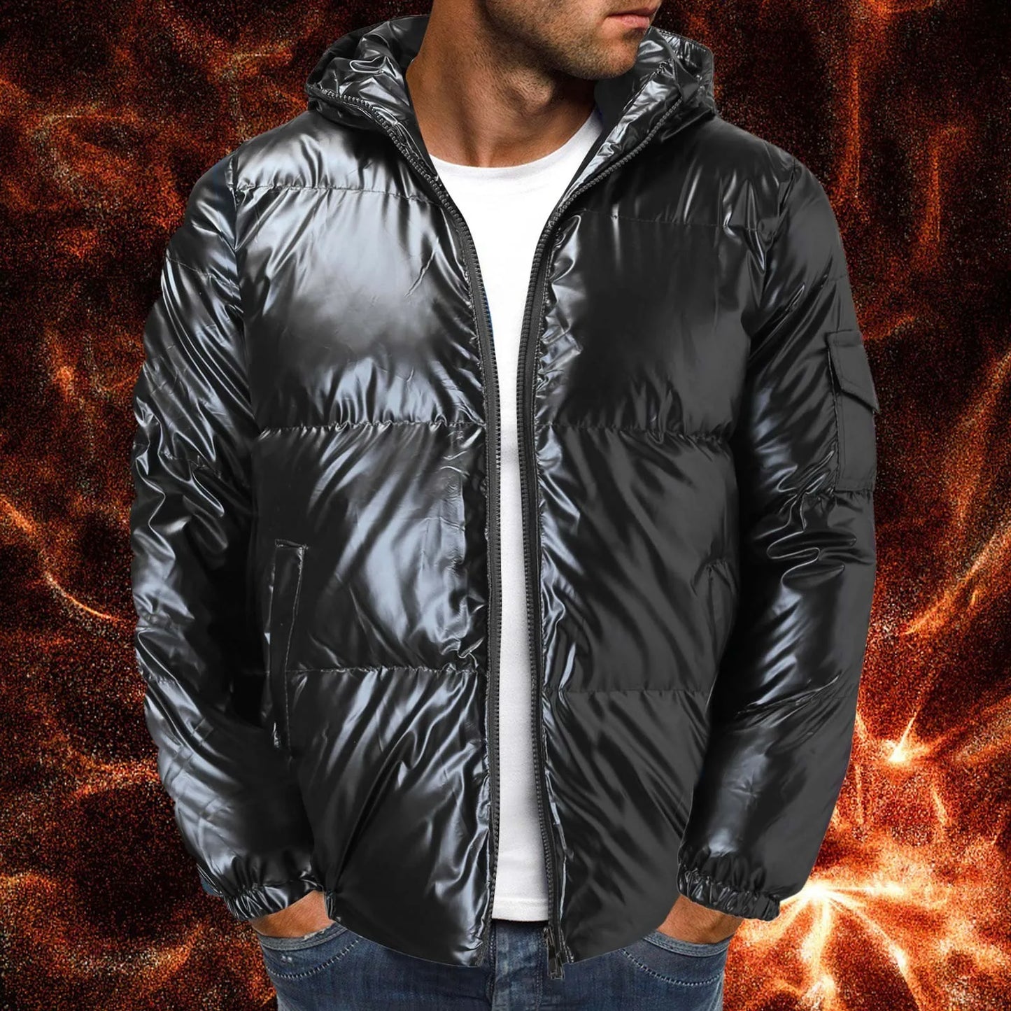 Men'S Down Jacket Winter Glossy Silver/Black/G/Blue Plus Size 5xl Hooded Parka Outwear Down Padded Coats