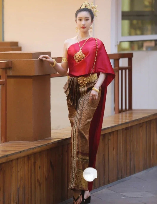 Thailand Traditional Clothing for Women Blouse Shawl Long Skirt Vintage Clothes Photography Catwalk Welcome Thai Costume Ladies