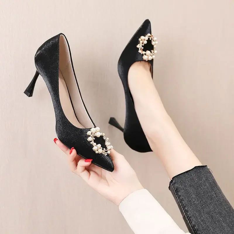 Ladies Pumps Rhinestone Diamond Pointed Toe Stilito Pearl Heels Women'S Shoes On Heeled With Crystals Quick Delivery Young