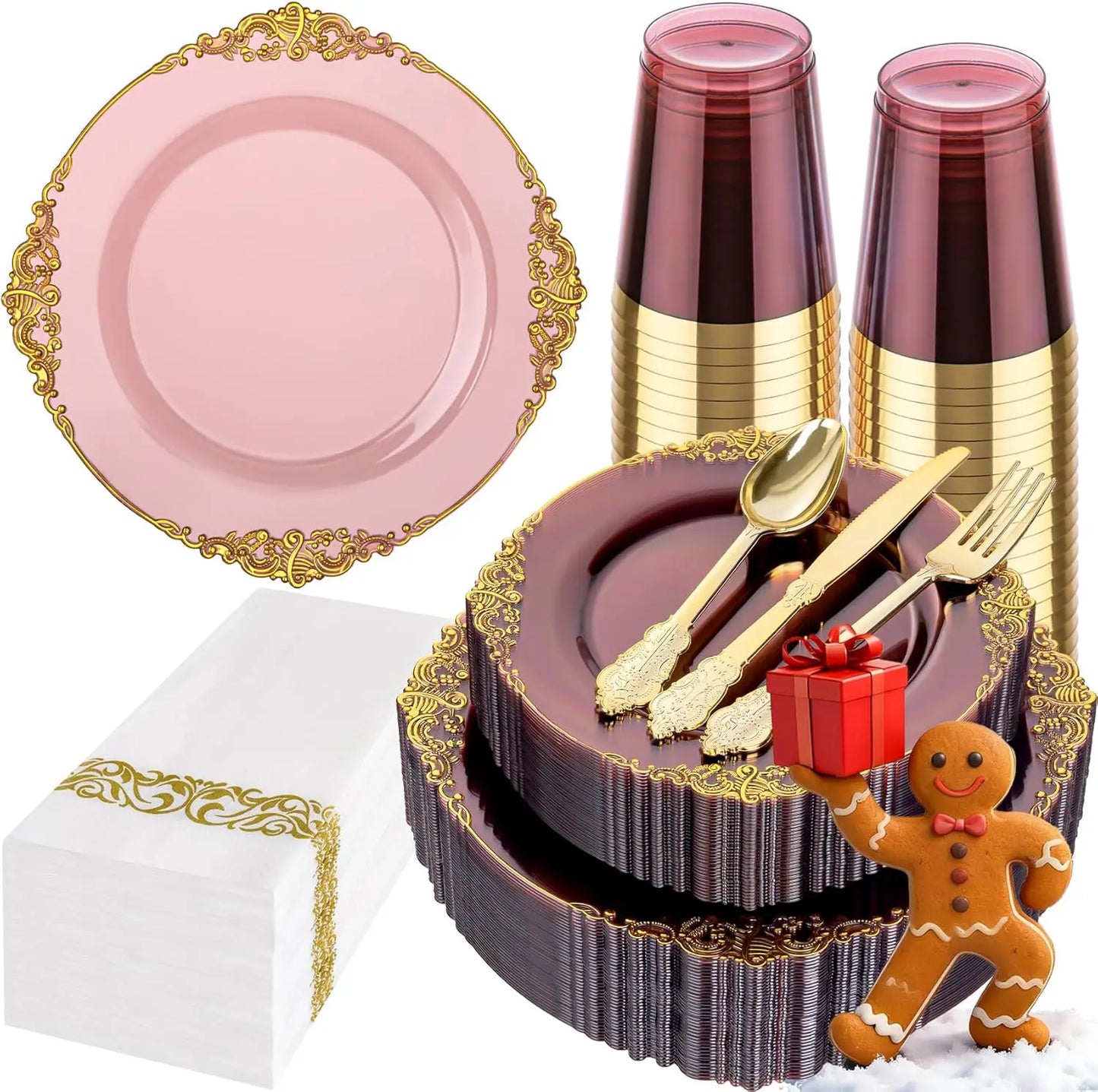 Elegant Burgundy & Gold Disposable Dinnerware Set For 25 Guests, Includes Plates, Cutlery, Napkins, Cups - Perfect For Parties