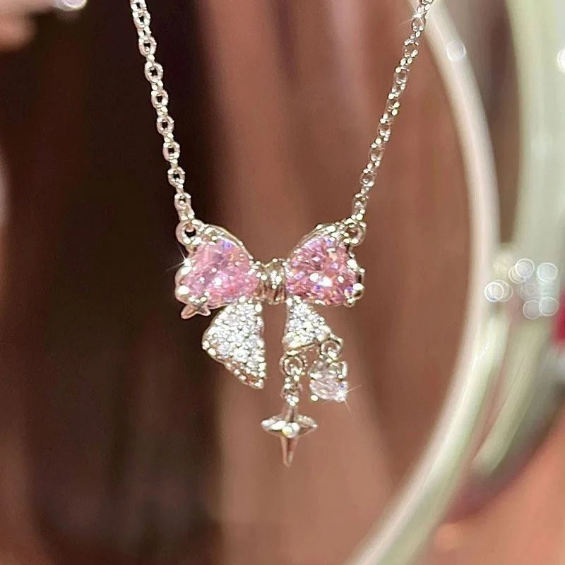 2025 New Style Silver Color Necklace Pink Bow Pendant (One Piece) -Rhinestone Tassel Design Sweet¯¼Suitable For Everyday Wear