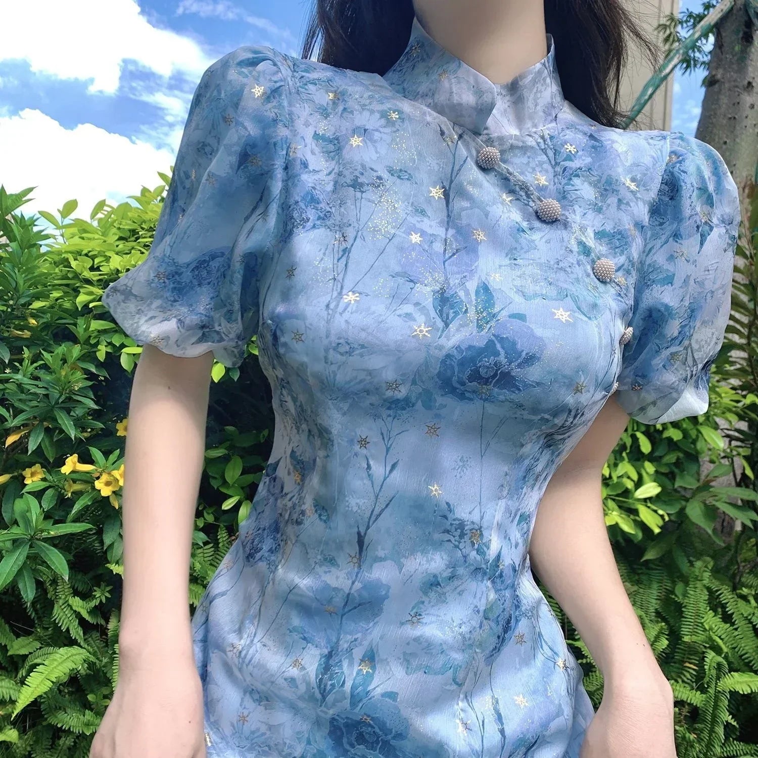 Modern Summer French Short Sleeve Elegant Dress Improvement Cheongsam Girl's Blue Print Fashion Chinese Style Dresses Qipao