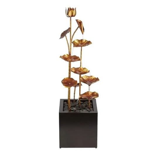 Modern Metal Leaf Water Fountain with Stone-Filled Base Outdoor Multi-Tiered Cascading Water Feature 43" Gold Rust Resistant