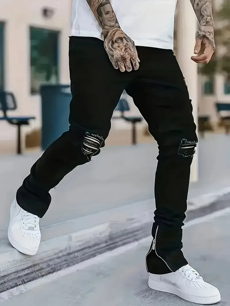 Men's Slim Fit Black Jeans - Street Style, Cotton Blend, Mid-Stretch Fabric, Ripped Detail, All-Season Wear