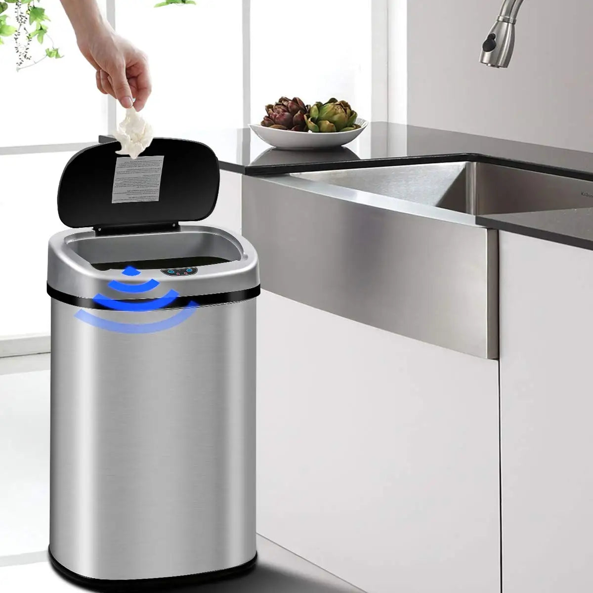 Kitchen Trash Can Garbage Can Waste Bin 13 Gallon Trash Can Stainless Steel with Lid Touch Free Automatic Sensor Garbage Bins