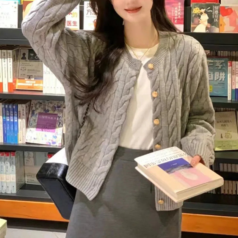 2025 Vintage Long Sleeve Cardigan Women's Sweater O-neck Elegant Knitted Top Fashion Autumn Grey Knitwear