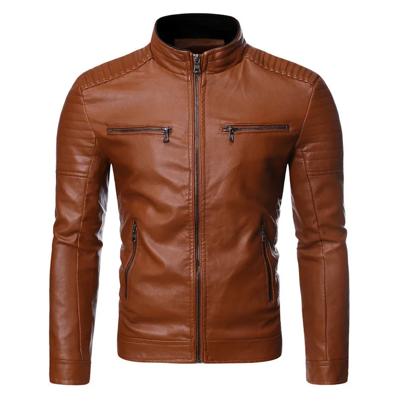 Men's leather jacket 2025 new spring and autumn thin style stand collar striped PU leather jacket motorcycle leather jacket