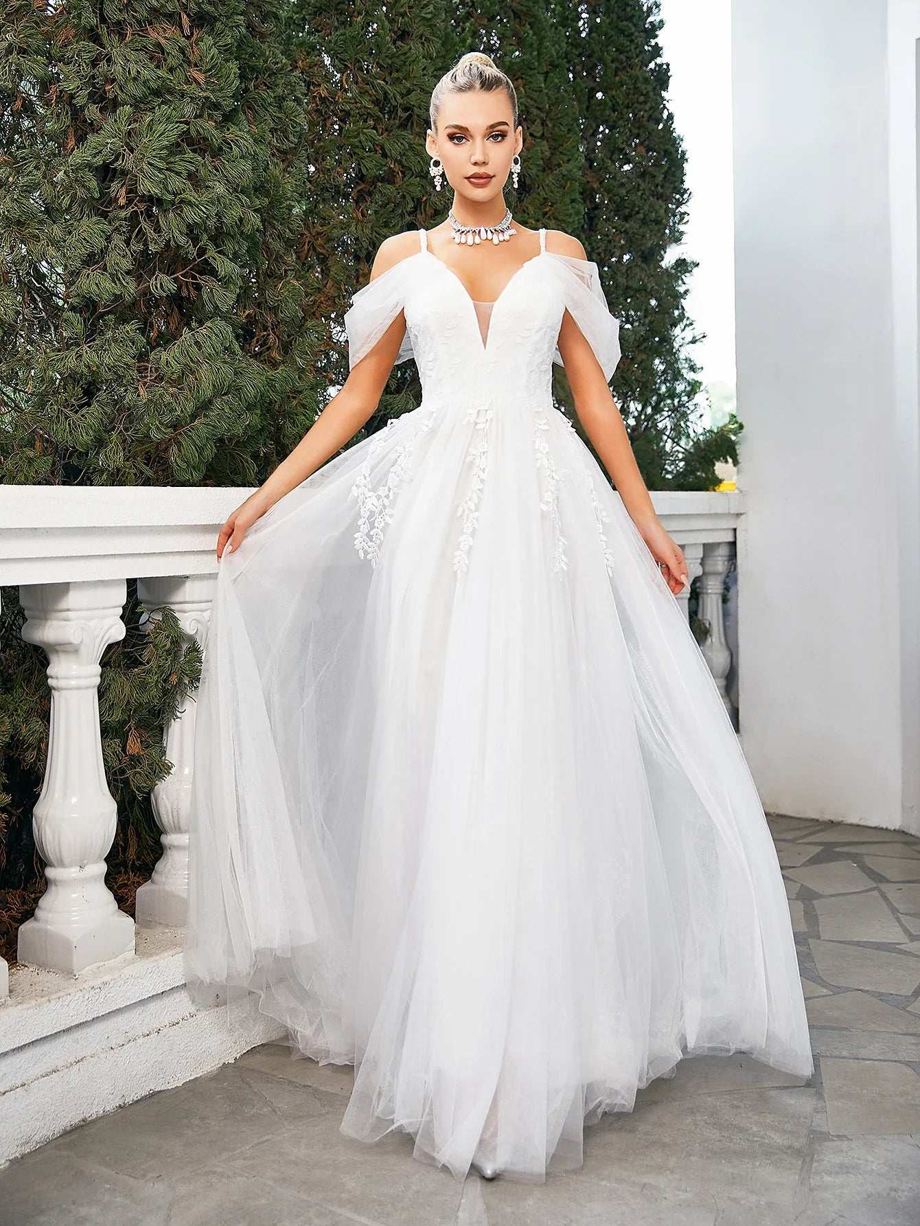 Wedding Dress Flower Lace Embroidery Bride Wedding Maxi Dress White Bridesmaid Tulle Gown Long Dress Evening Party Princess Wear