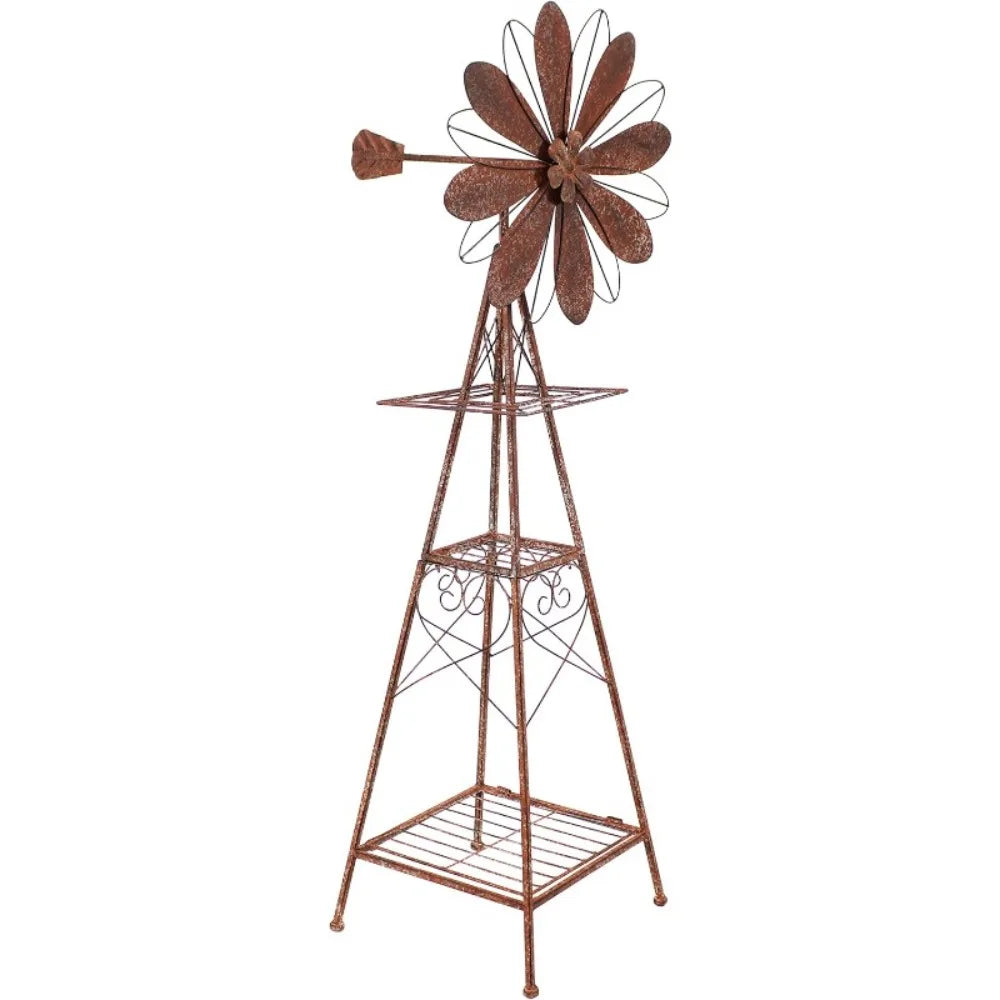 Rustic Windmill Metal Garden Statue with Tiers - Yard Art, Lawn and Garden Sculpture Decor