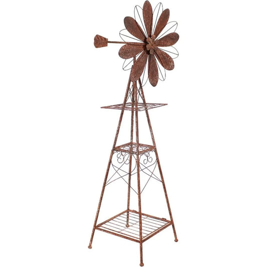 Rustic Windmill Metal Garden Statue with Tiers - Yard Art, Lawn and Garden Sculpture Decor