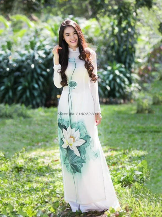 2025 aodai vietnam cheongsam qipao dress+pants set flower print vietnamese vintage dress elegant banquet evening aodai dress