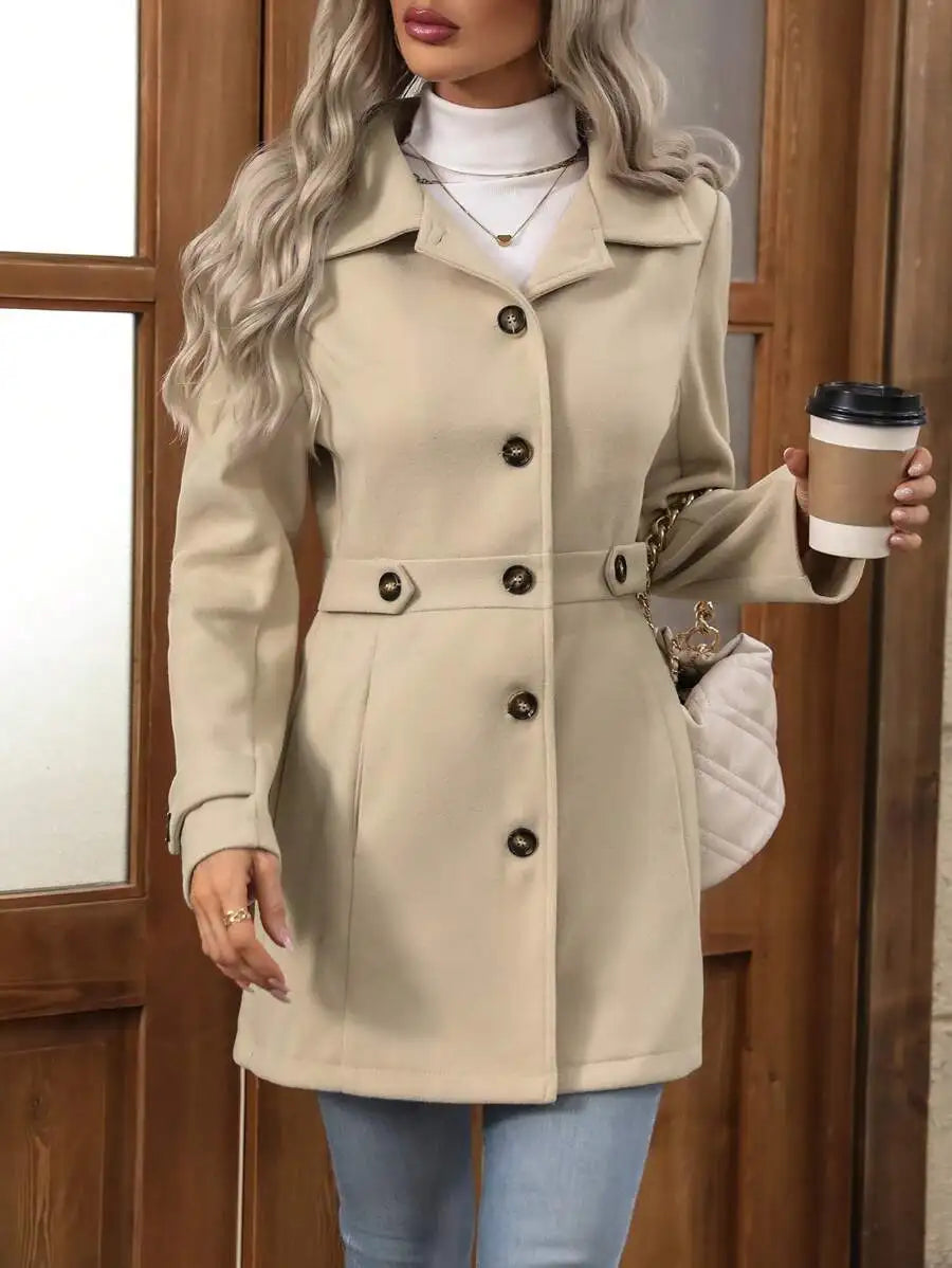 WoMen's Autumn Winter Single-Breasted Waist-Cinched Wool Blend Coat With Belt