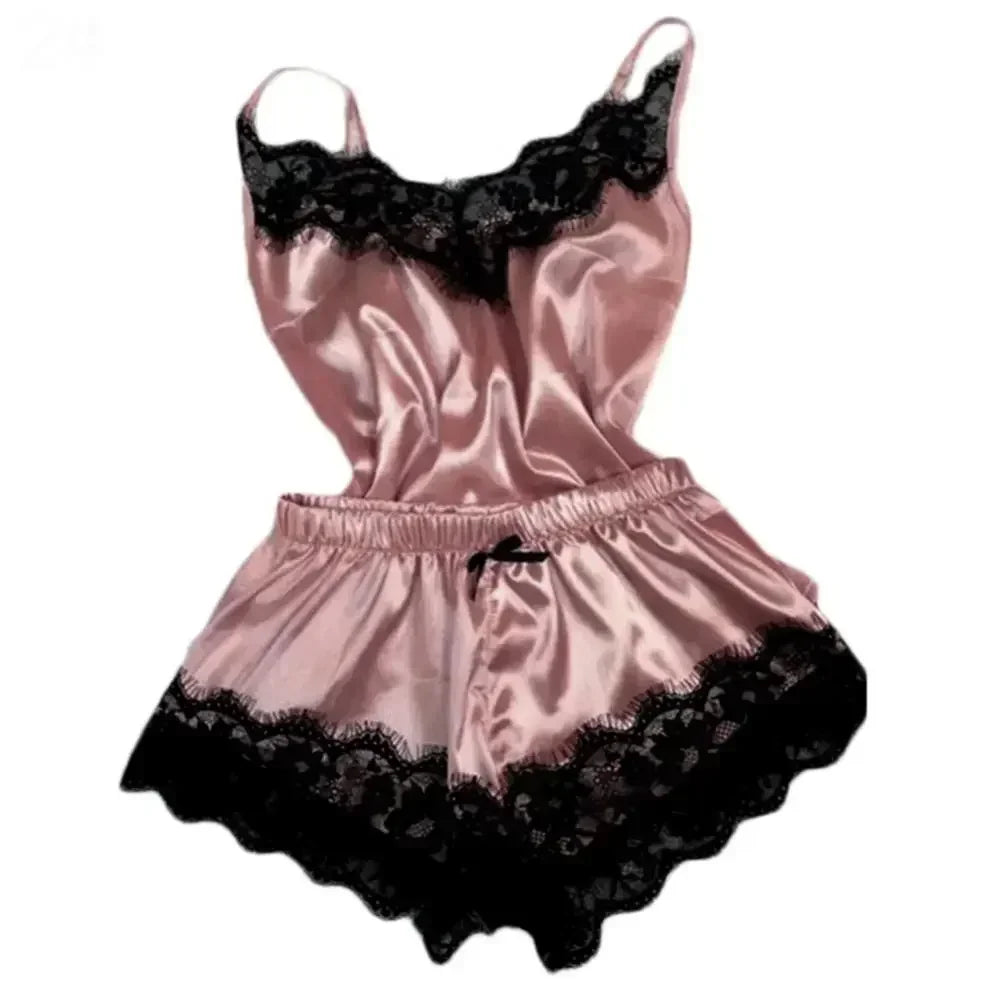Lace Satin Pajama Set For Women Sleepwear V-Neck Stretch Cute Lingerie Strap Vest Top Shorts Nightwear Pijamas