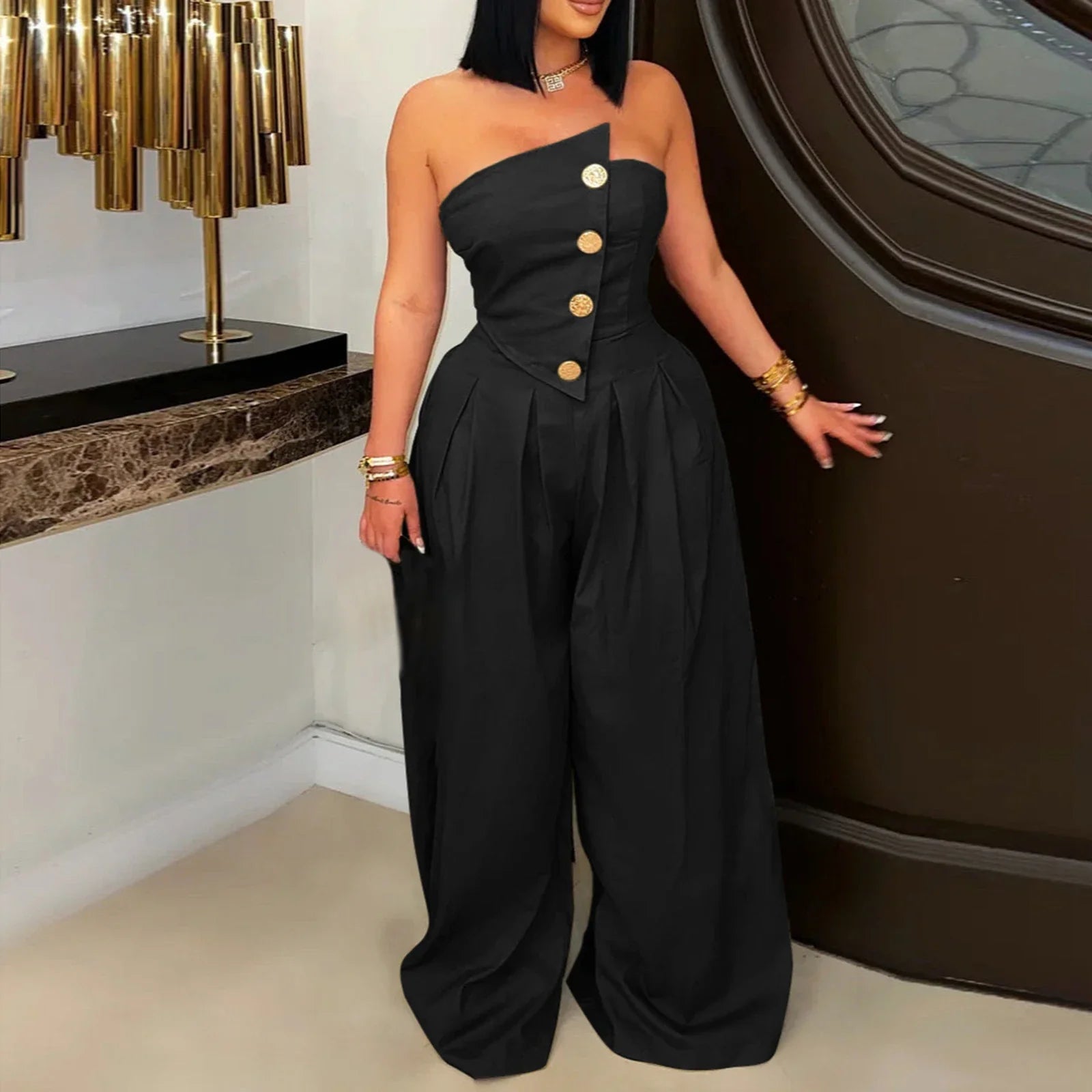 Elegant Off-Shoulder Jumpsuit with Belted Waist and Wide Leg Pants Stylish Romper for Womenummer Fashion
