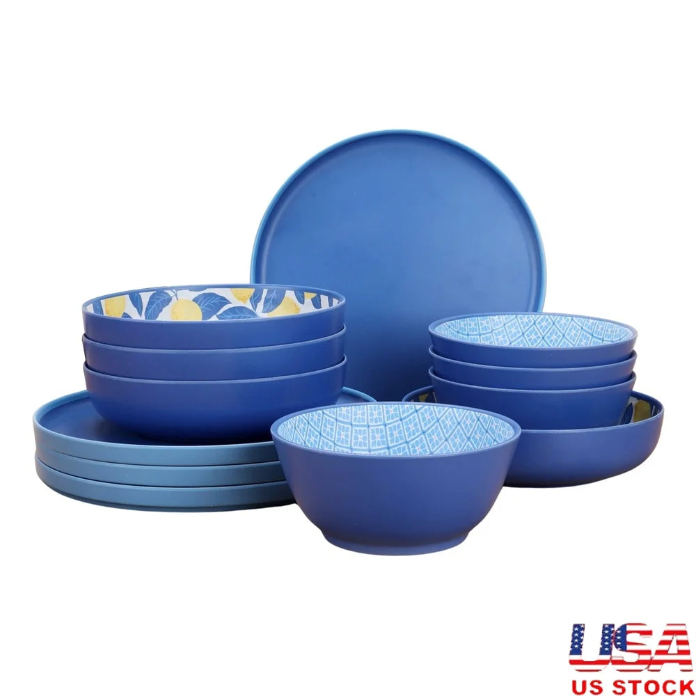 Bamboo Melamine 12-Piece Dinnerware Set Dishwasher Safe Service 4 Family Friendly Dining Plates Bowls Cereal Bowls Vibrant Table
