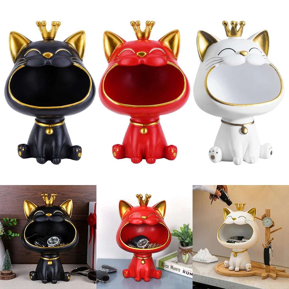 Cat Figurine Storage Box Resin Lucky Cat Statue Decoration Creative Big Mouths Cat Statue for Living Room Office