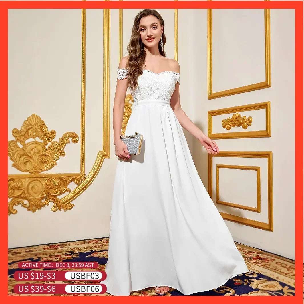 White Wedding Dress Backless Slit Long Party Evening Dresses V Neck Bridesmaid Dresses Off The Shoulder Prom Dress