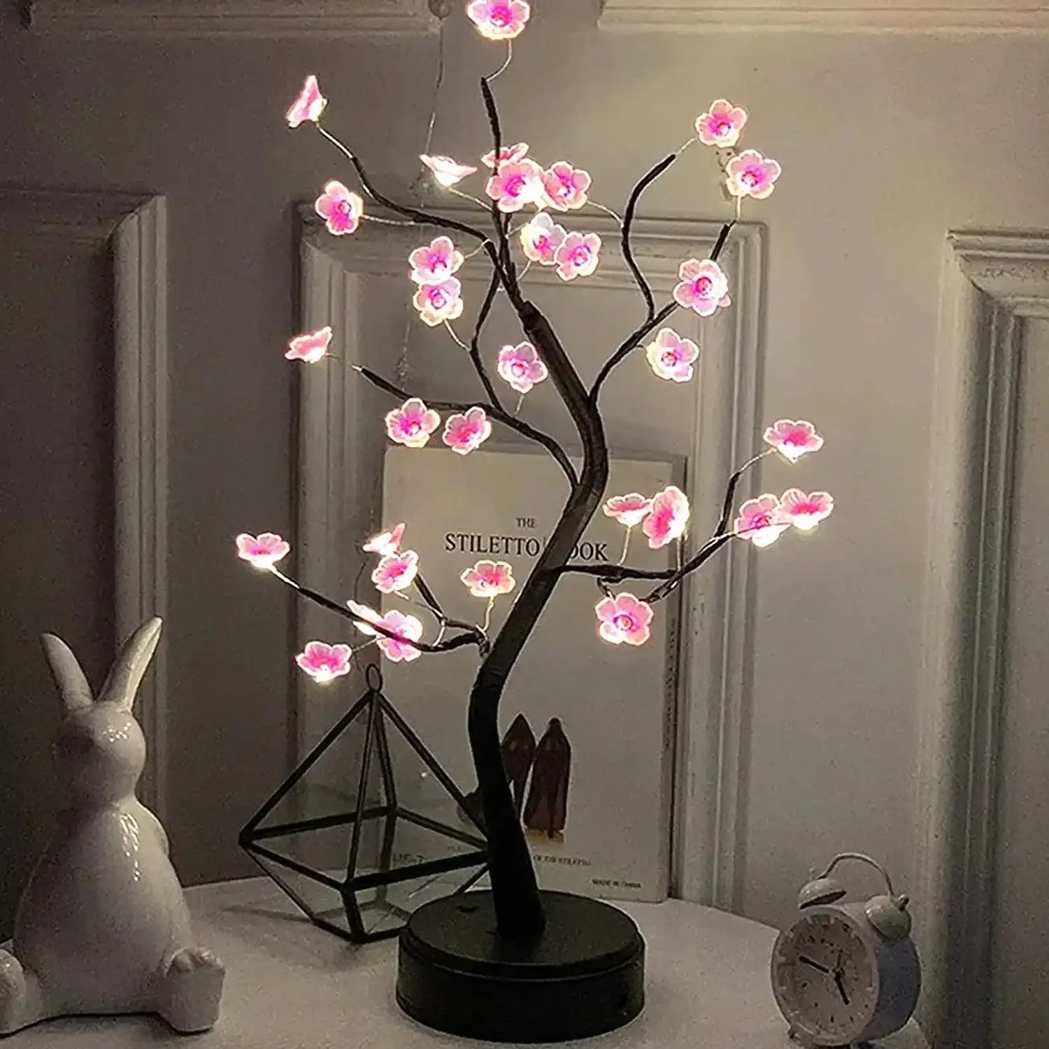 Battery Powered Cherry Blossom Bonsai Tree Night Light - Decorative Artificial Tree Light for Ambience - USB Desk Lamp Enhancing