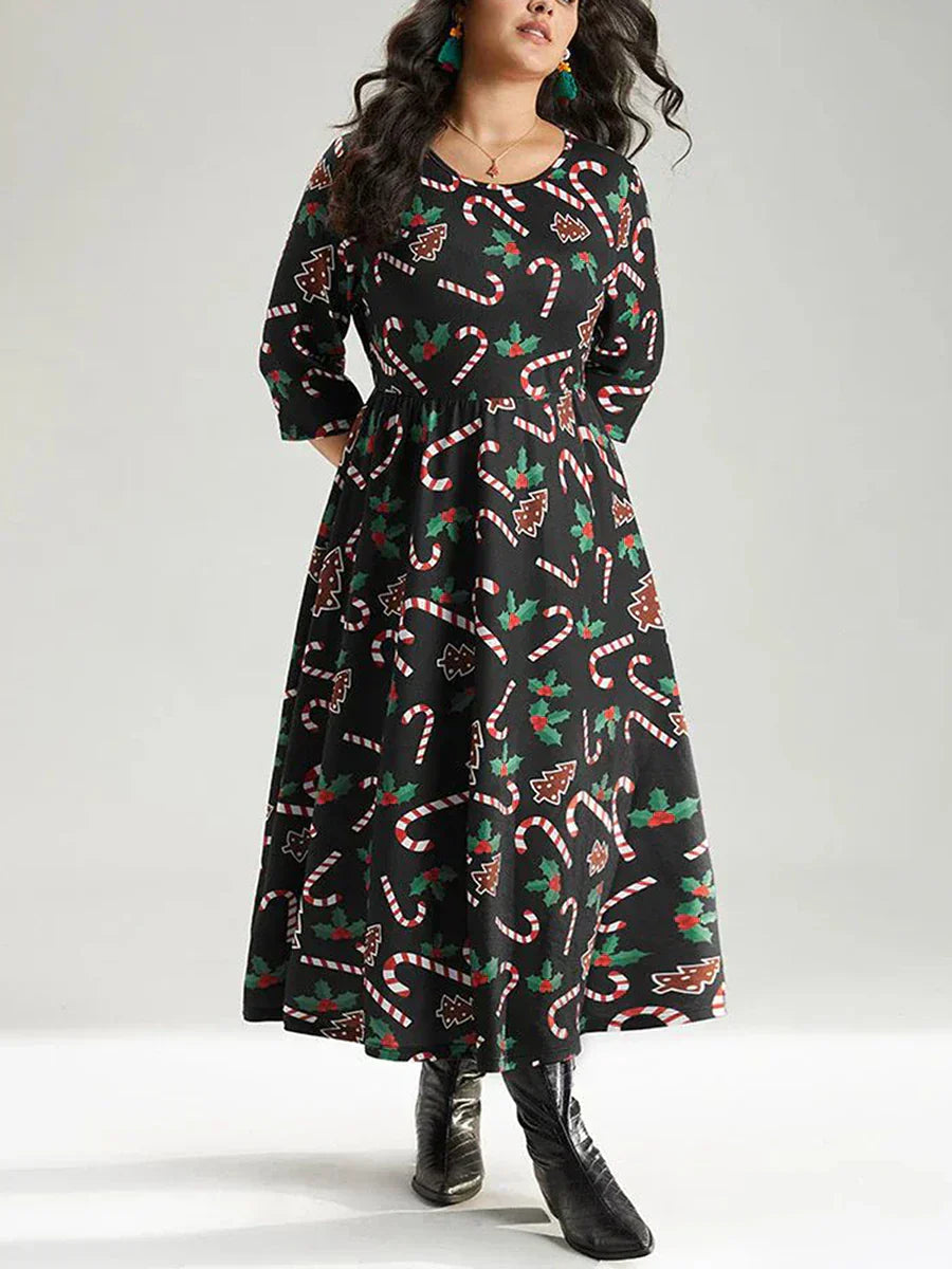 Women Plus Size Dress Snowflake Print V-Neck Sleeveless Maxi Dress Winter Christmas Party Dress for Curvy Ladies