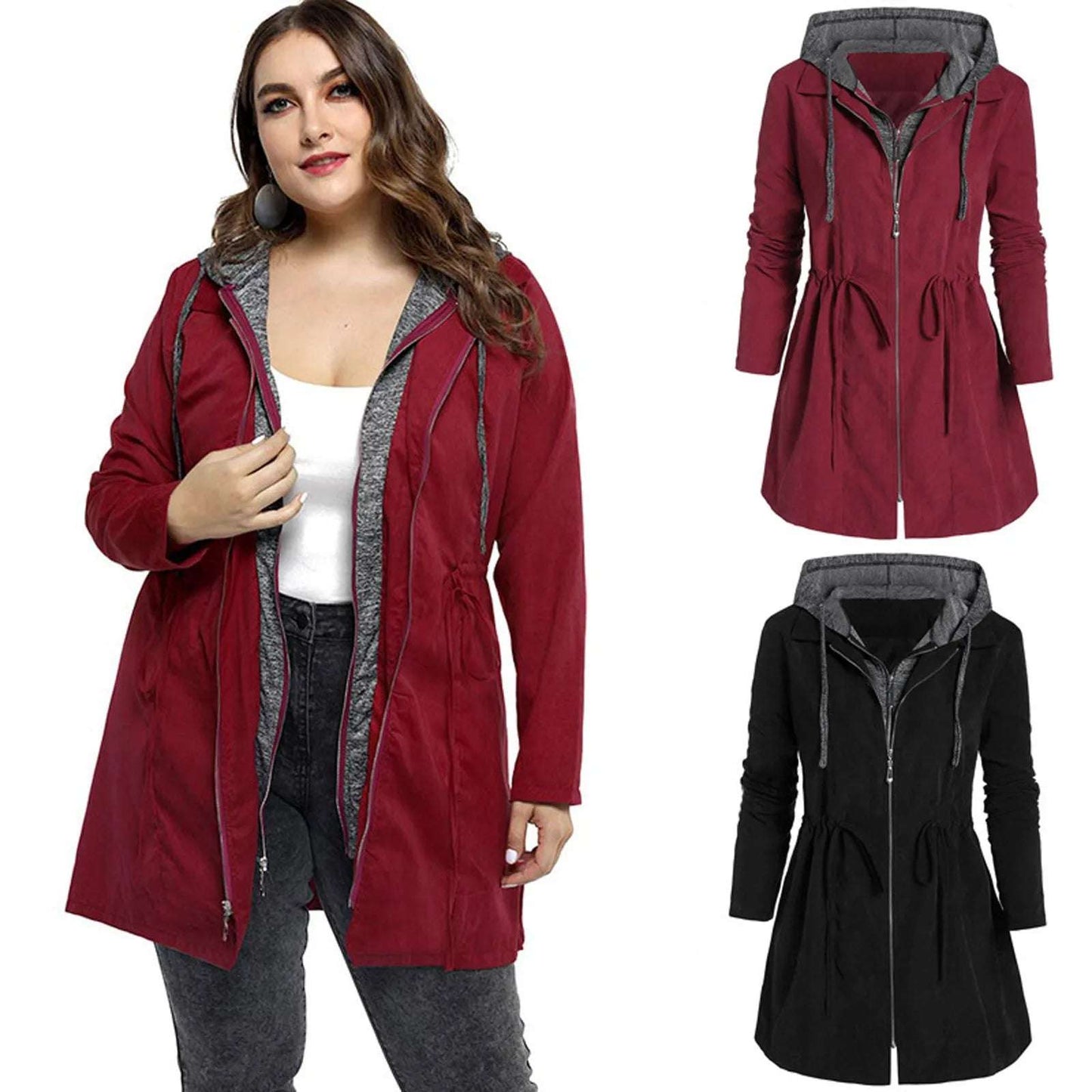 Patchwork Winter Hooded Winter Jackets For Women'S Plus Size Slimming Waist Drawstring Zipper Up Warm Long Outwear With Pockets