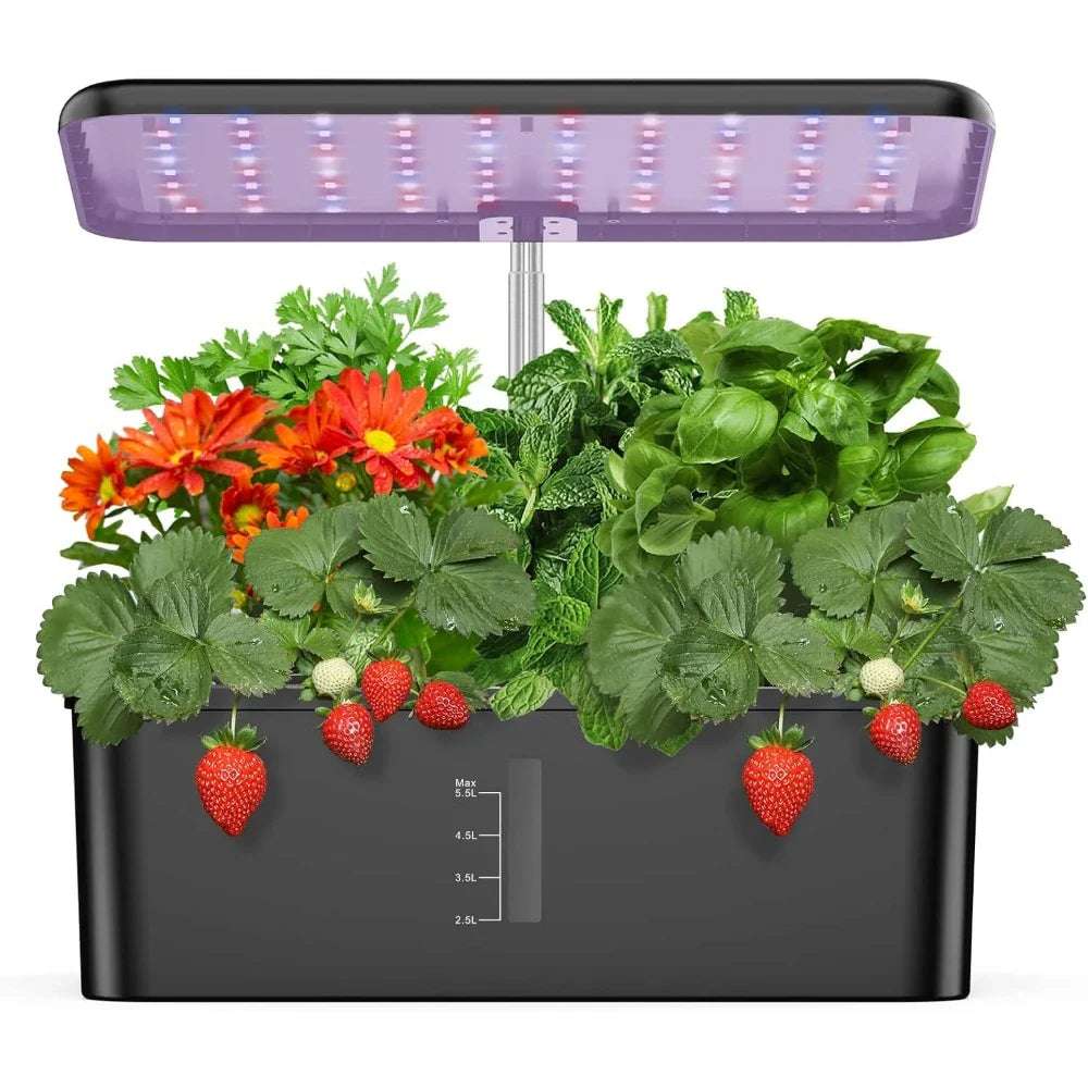 Hydroponic Planting System, Indoor Garden with LED Growth Lights, Pump System, Adjustable Height, 12 Bean Pod