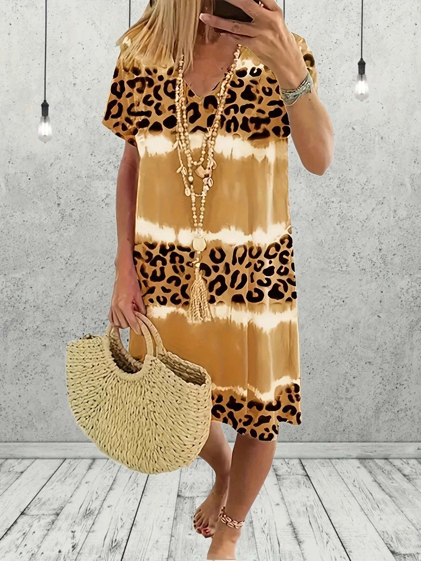 Plus Size Women Leopard Print Bohemian Dress Casual Short Sleeve Dress Summer Fashion Colour Splicing Midi Dresses