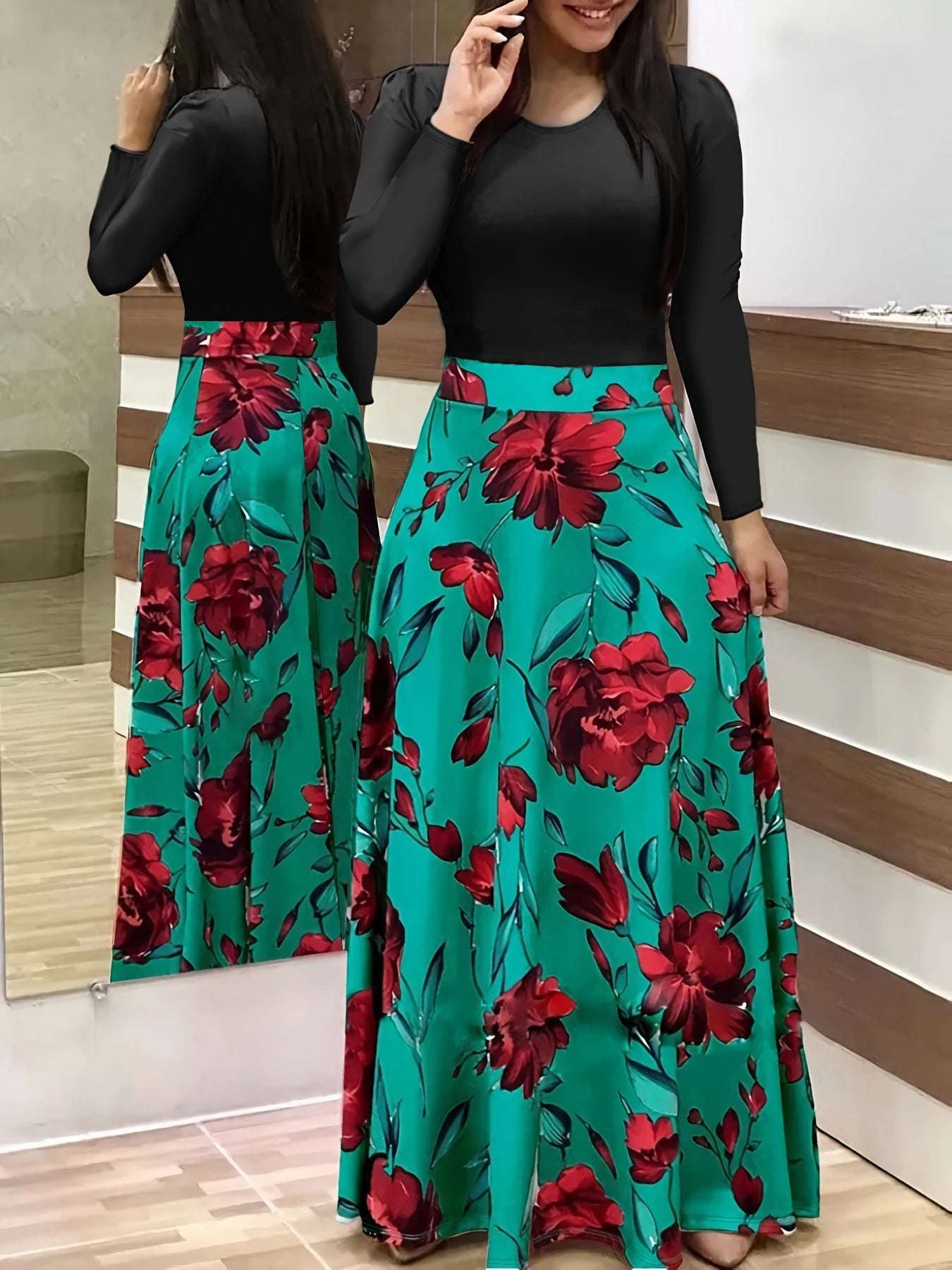 Plus Size Women Dress Flower Print Round Neck Long Sleeve Elegant Dress