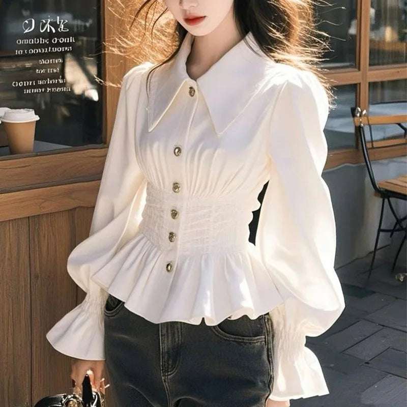 Office Lady Spring Slim Solid Sunscreen Flare Sleeve Shirt Women Turn-down Collar Vintage Long Sleeve Tops