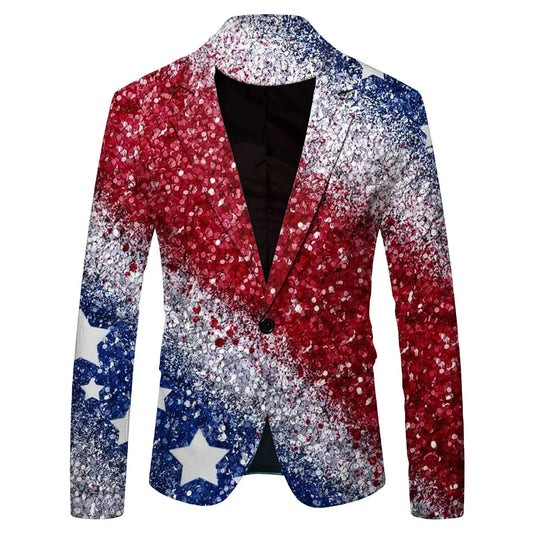 Men's Casual Suit Jacket Independence Day Digital Print Personality Vintage Long Sleeved Vintage Turn Down Collar Blazers Coats