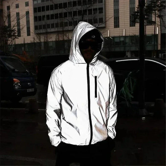 Plus Size 5XL Men's Full Reflective Windbreaker Waterproof Jacket Spring Autumn Hip Hop Streetwear Hooded Loose Coats Male