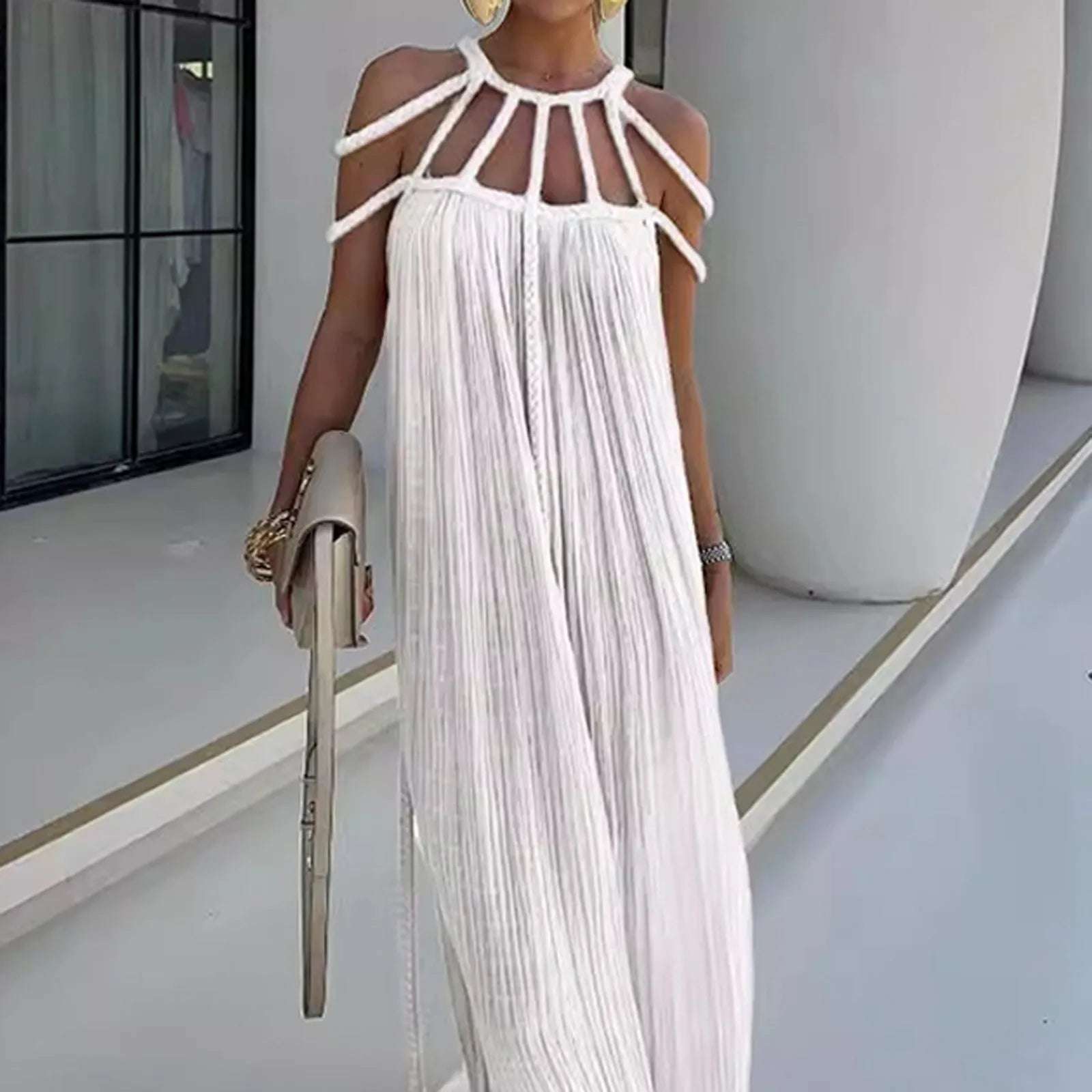 New Vacation White Off Shoulder Halter Neck Party Dress Women Elegant Sleeveless Hollow Out Loose Summer Beach Dress Female