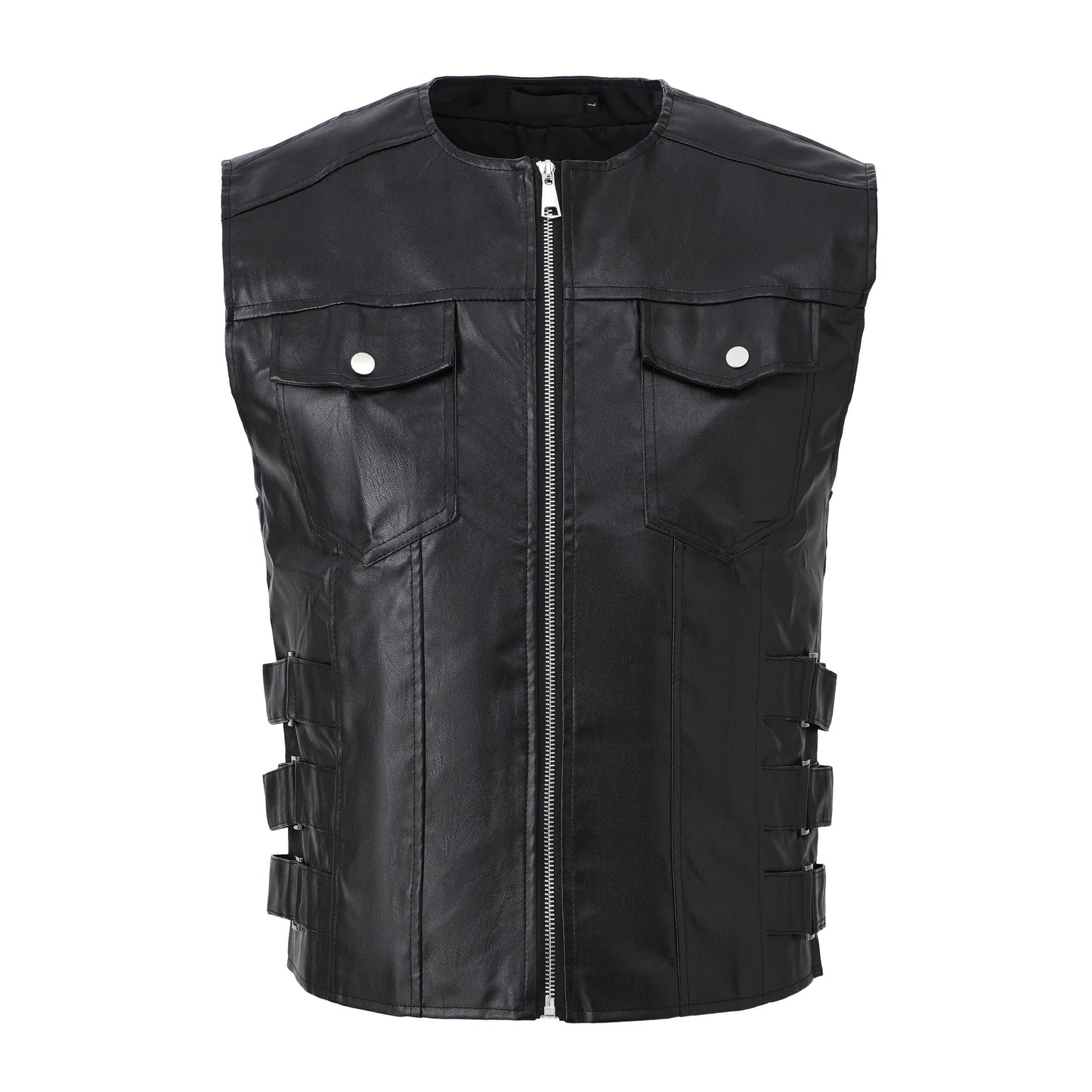 Men's Motorcycle Faux Leather Vest Sleeveless Style Coat Collarless Fashion Rock Waistcoat Halloween Jacket