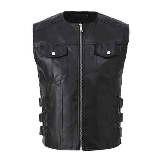Men's Motorcycle Faux Leather Vest Sleeveless Style Coat Collarless Fashion Rock Waistcoat Halloween Jacket