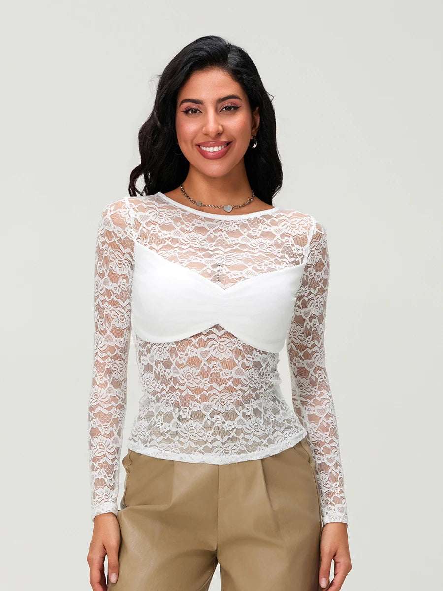 V-Neck Lace Blouse with Flared Sleeves and Ruched Detailing - Women Fashion Top for Fall