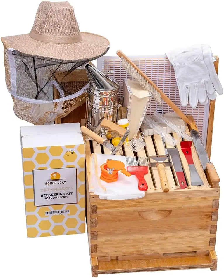 Honey Lake 10 Frame Beehive Starter Kit And Beekeeping Supplies Tool Kit, Beeswax Coated Assembled Deep Bee Box