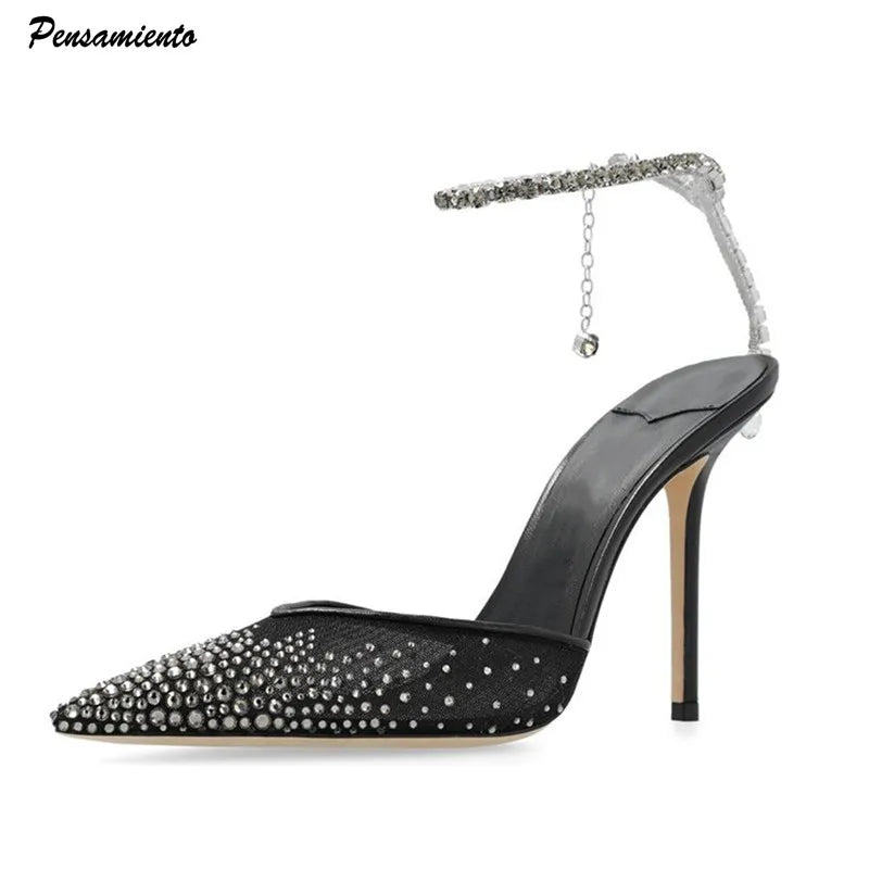 Star style Fashion Rhinestones Ankle Strap Women Pumps Pointed toe Mesh Slingback Stiletto High heels Office Dress Shoes