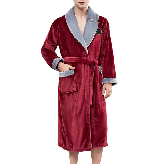 Flannel Men's Bathrobe With Belt Autumn Winter Warm Coral Fleece Gown with Pocket Plus Size Sleepwear Nightgown Loose Pajamas